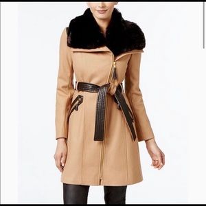 Via Spiga Womens Trench Coat Wool Faux Fur Collar